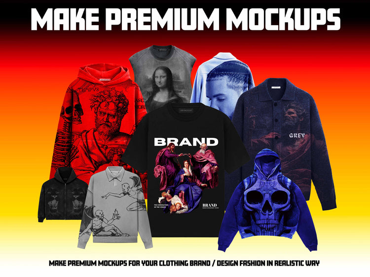 Premium streetwear clothing mockups by OXYGENGREY for clothing brands, featuring realistic hoodie, jacket, and t-shirt designs with dark, artistic prints. Ideal for designers creating high-quality fashion mockups.