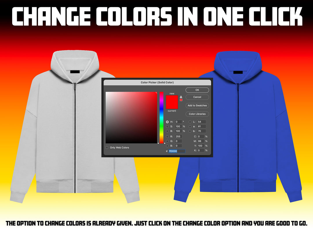 OXYGENGREY streetwear mockups with easy one-click color change feature, allowing designers to customize hoodie colors effortlessly. Perfect for clothing brands seeking versatile, editable mockups.