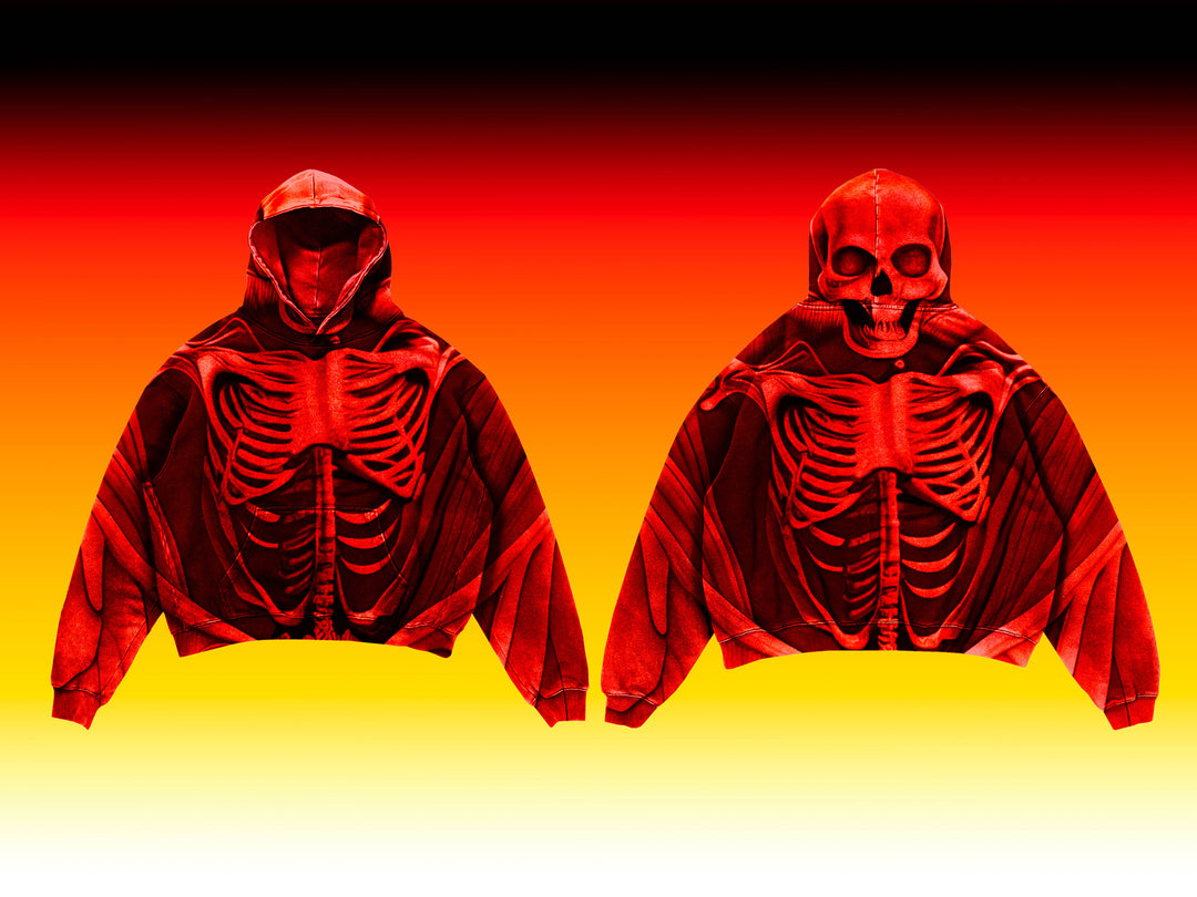 Example of a bold, red skeleton-themed design on a streetwear hoodie, created using the OXYGENGREY mockup pack. Showcasing front and back views for brands looking to design edgy, eye-catching apparel.