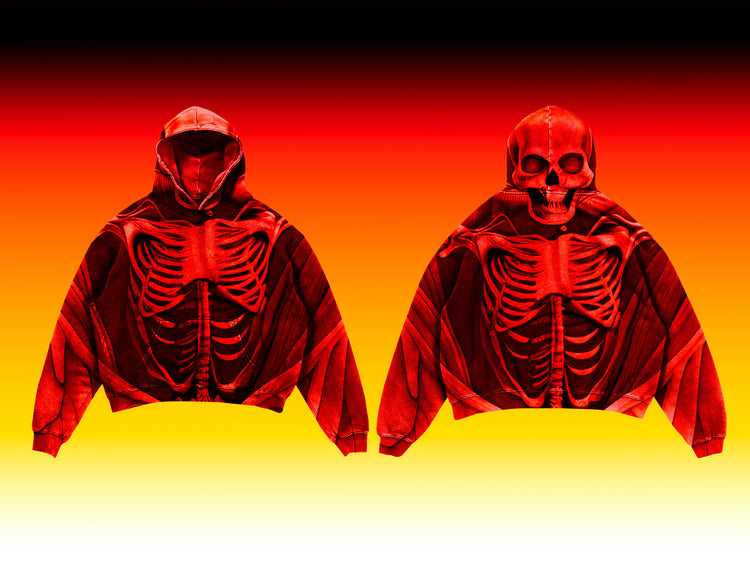 Example of a bold, red skeleton-themed design on a streetwear hoodie, created using the OXYGENGREY mockup pack. Showcasing front and back views for brands looking to design edgy, eye-catching apparel.