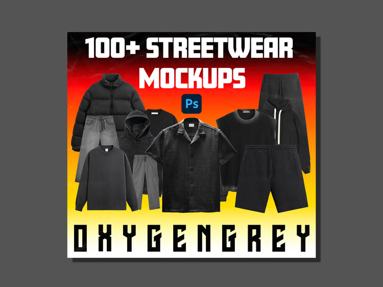 OXYGENGREY digital download featuring over 100 realistic streetwear clothing mockups for clothing brands and designers, including jackets, shirts, hoodies, pants, and more. Perfect for creating high-quality apparel designs in Photoshop.