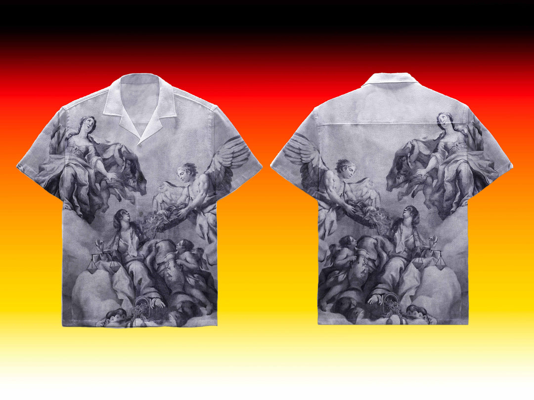 Example of a Renaissance-inspired design on a streetwear shirt created using OXYGENGREY mockup pack, showing both front and back views. Ideal for clothing brands seeking unique, art-inspired apparel mockups.