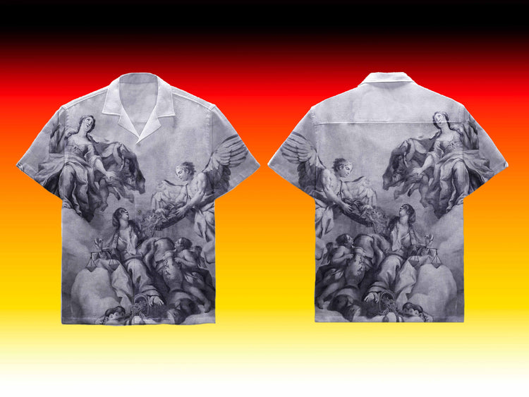 Example of a Renaissance-inspired design on a streetwear shirt created using OXYGENGREY mockup pack, showing both front and back views. Ideal for clothing brands seeking unique, art-inspired apparel mockups.